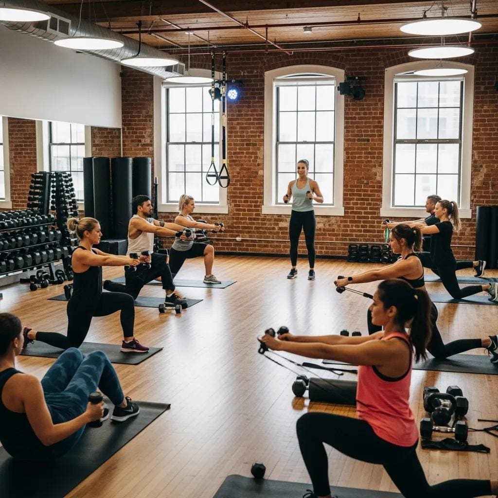 WhatsApp Image 2024-10-03 at 8.57.09 AM Boutique gym interior with a group fitness class, highlighting community and motivation