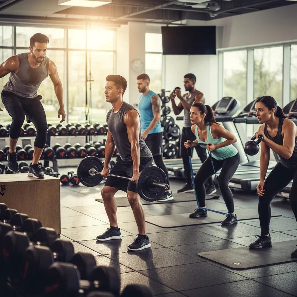 Group of diverse individuals participating in a high-intensity training class in a modern gym