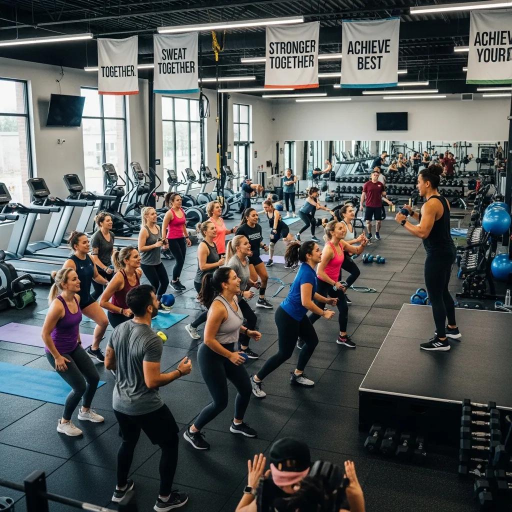 Group fitness class at a gym, illustrating community engagement and motivation among members
