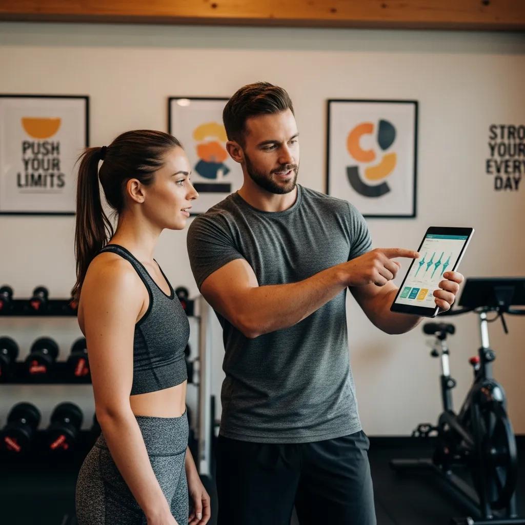 Personal trainer explaining a customized workout plan to a client in a gym setting