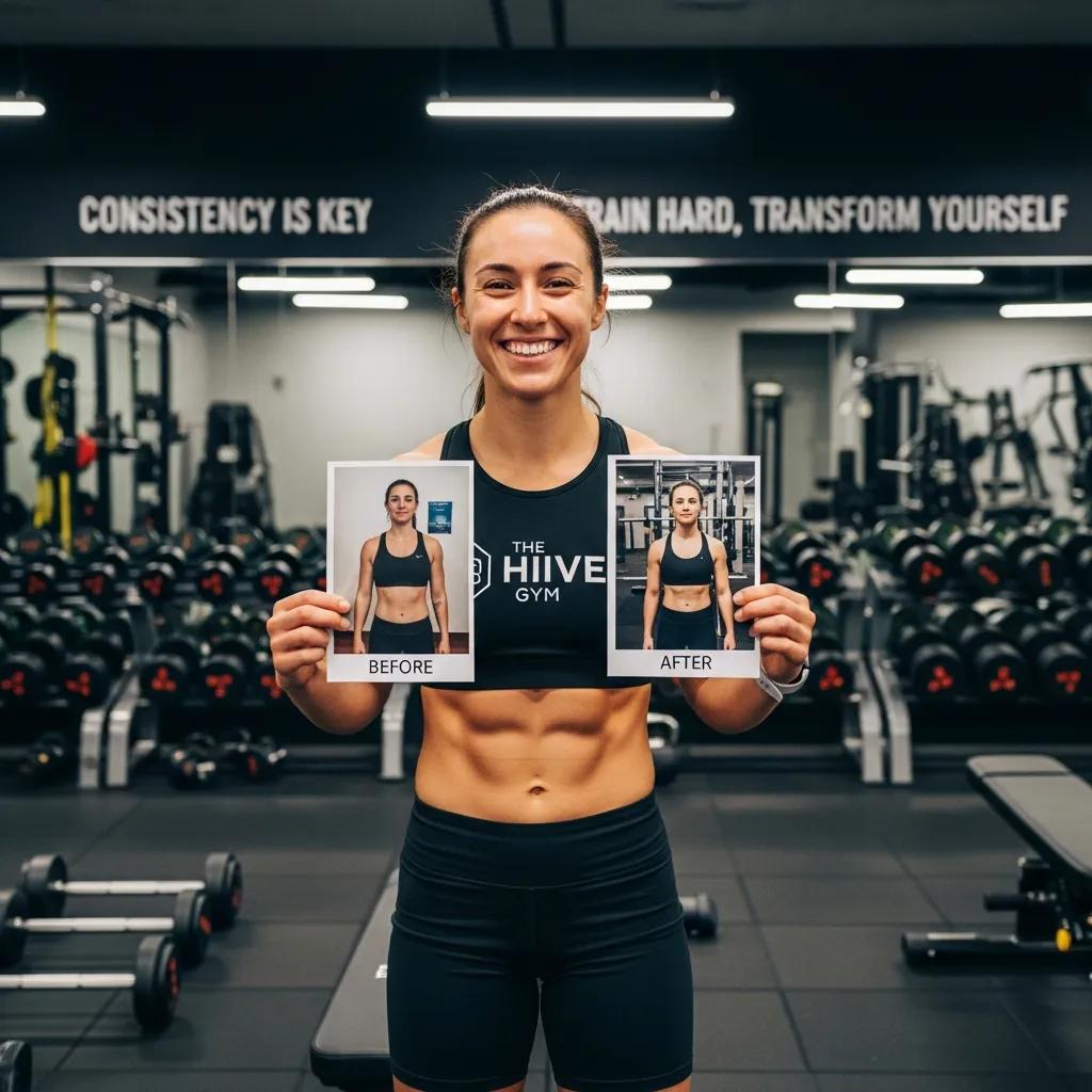 Individual proudly displaying fitness transformation photos in a gym setting, symbolizing success