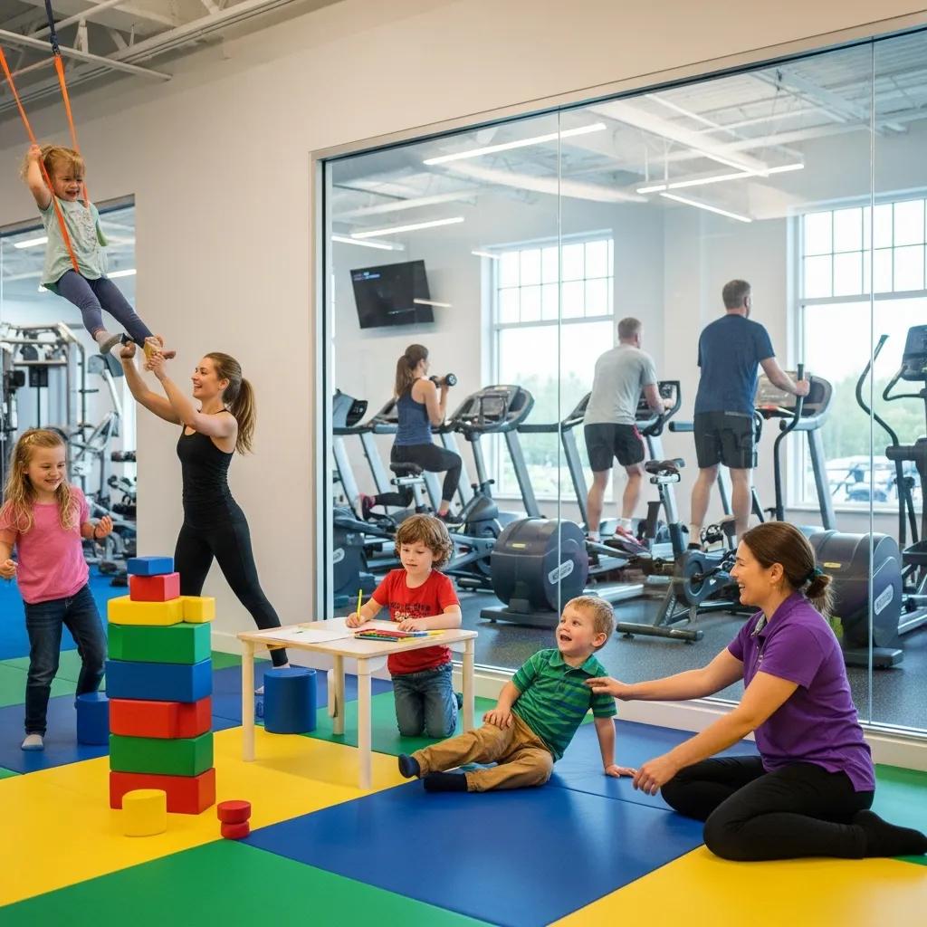 Family-friendly gym with parents exercising and children in a safe childcare area