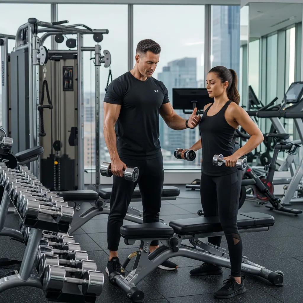 Personal training session in a luxury gym with a trainer and client using advanced equipment